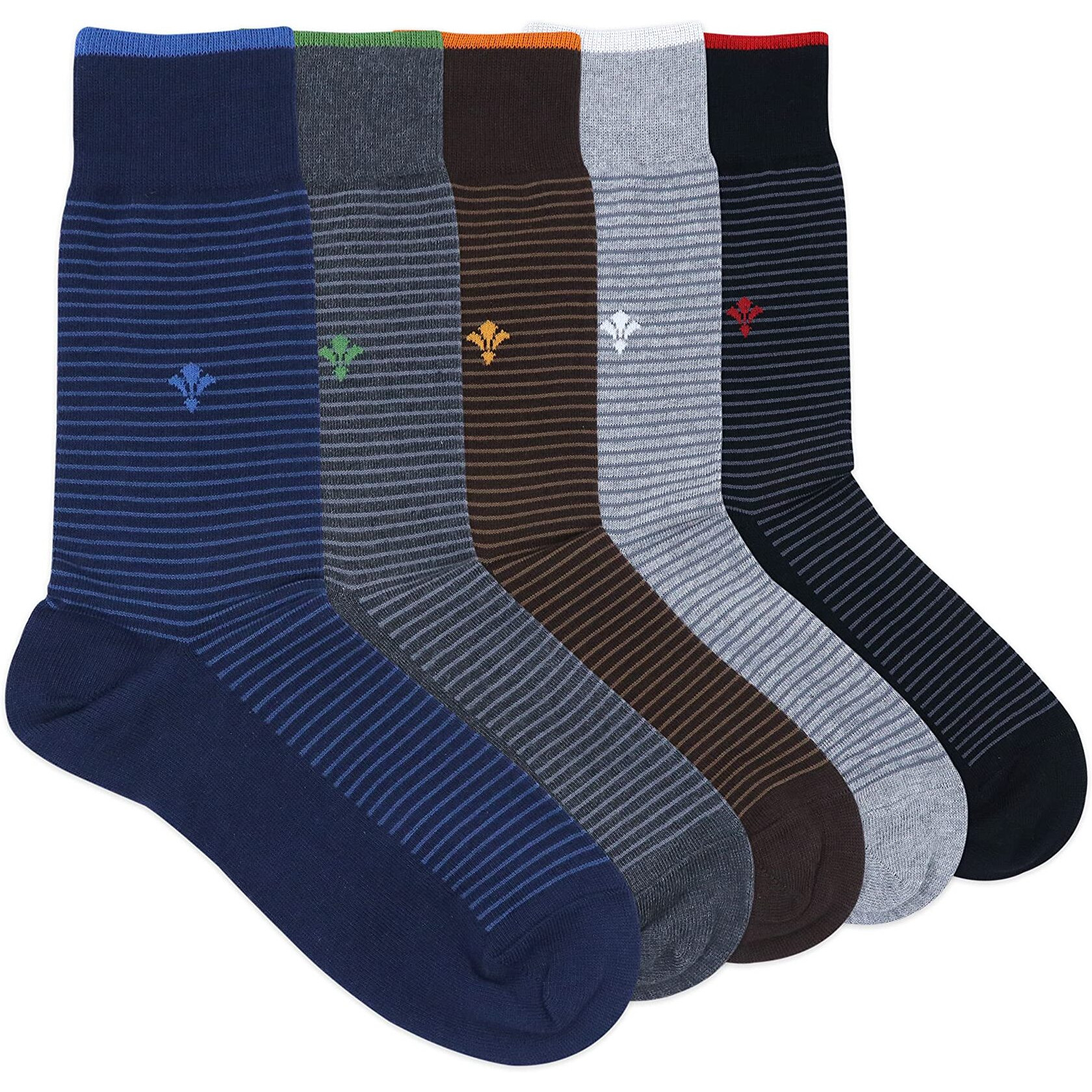 BALENZIA Men's Solid Colored Formal Crew/Calf Length Socks (Free Size) Made with Cotton & Spandex - Combo Pack of 5 (Black, L.Grey, D.Grey, Brown, Navy)