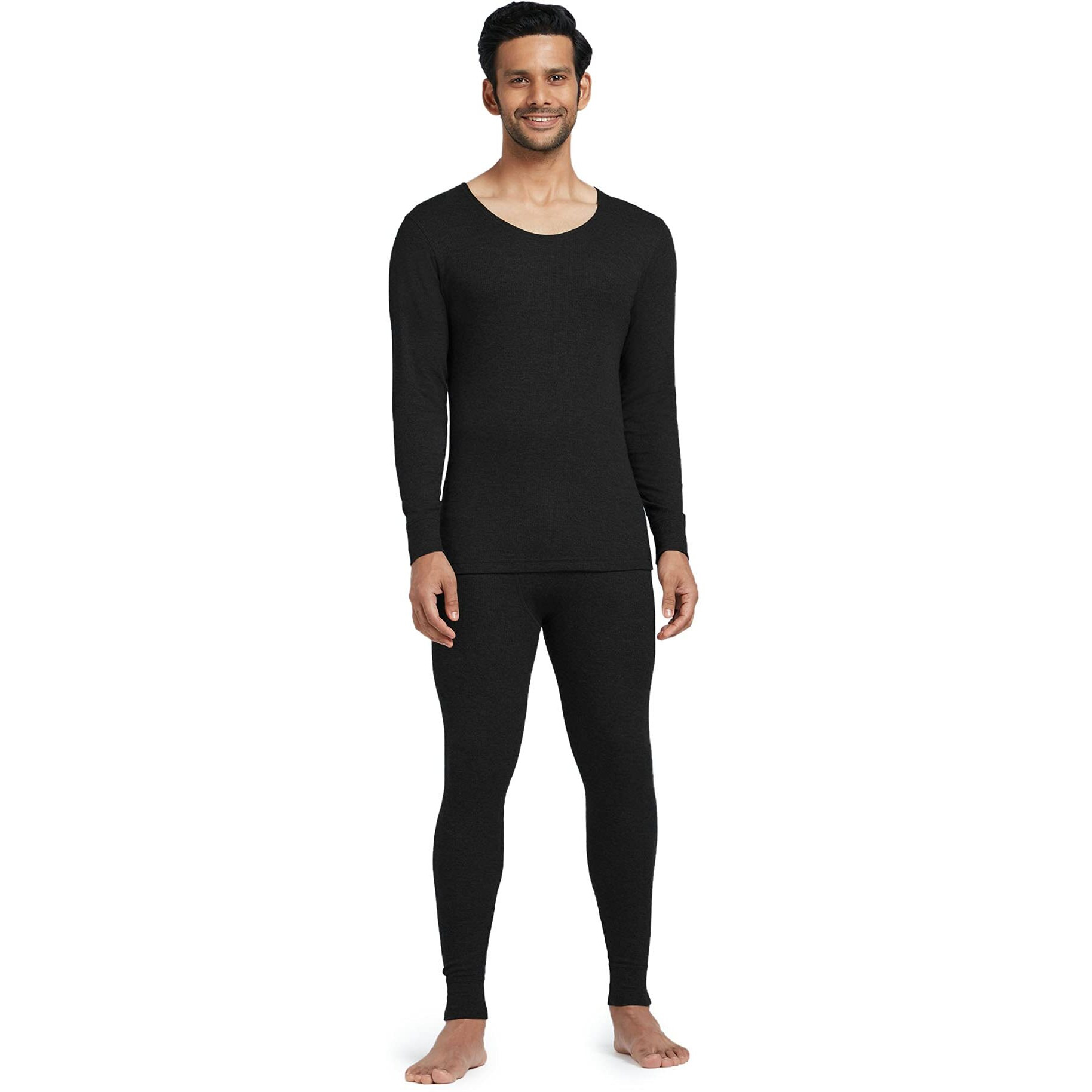 XYXX Men's Thermal Set | Antibacterial, Skin Friendly with Superior Heat Retention | Slim Fit Solid Alpine IntelliHeat Thermal Set | Pack of 1 (Black, Large)