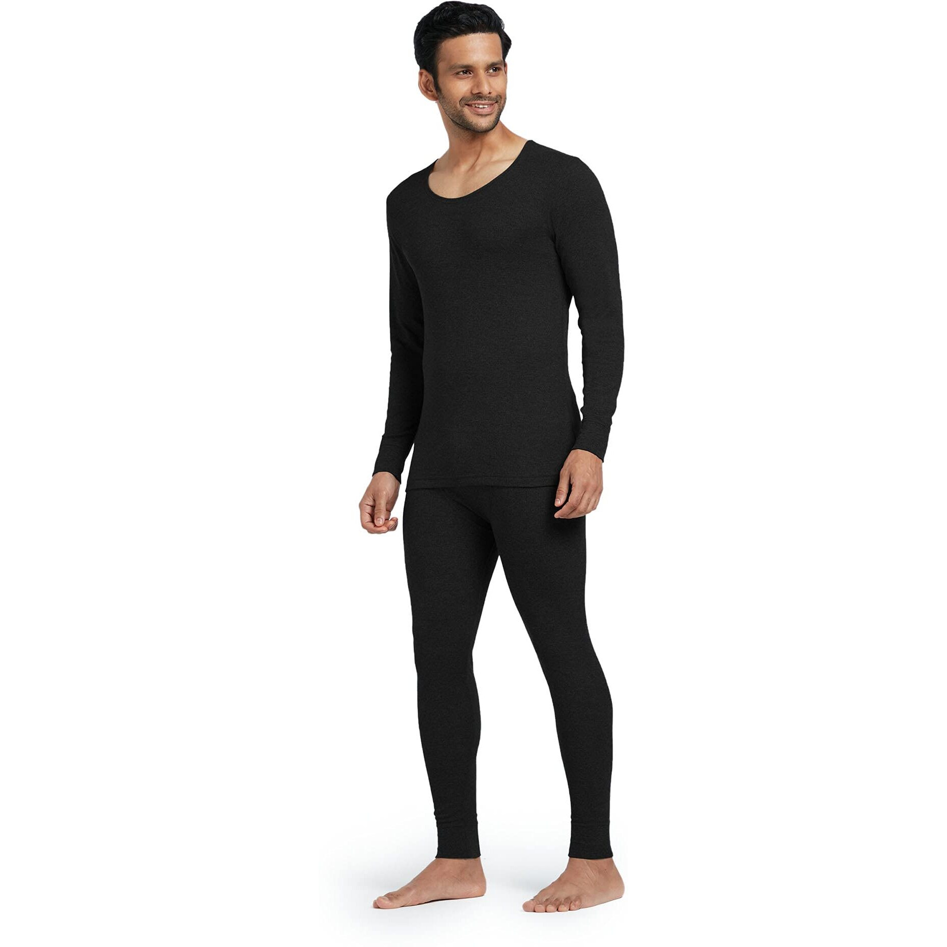 XYXX Men's Thermal Set | Antibacterial, Skin Friendly with Superior Heat Retention | Slim Fit Solid Alpine IntelliHeat Thermal Set | Pack of 1 (Black, Large)