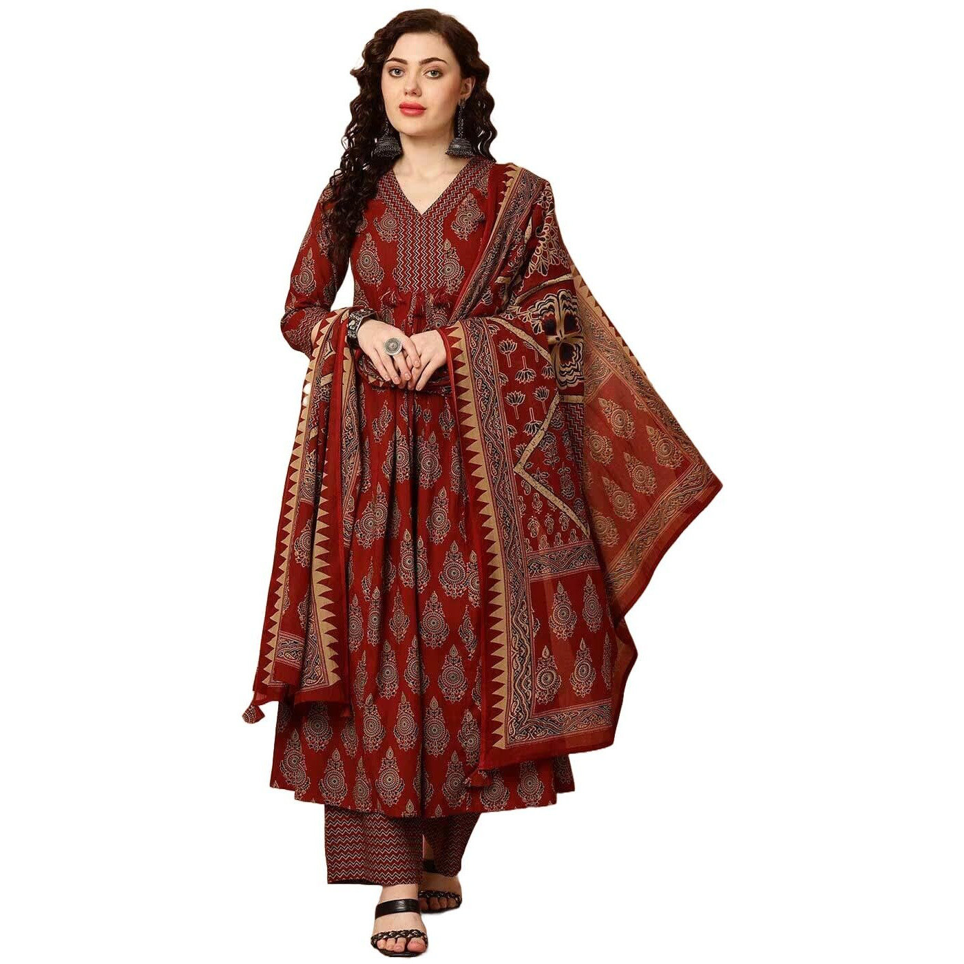KLOSIA Women Printed Kurta and Pant Set with Dupatta (in, Alpha, S, Red)