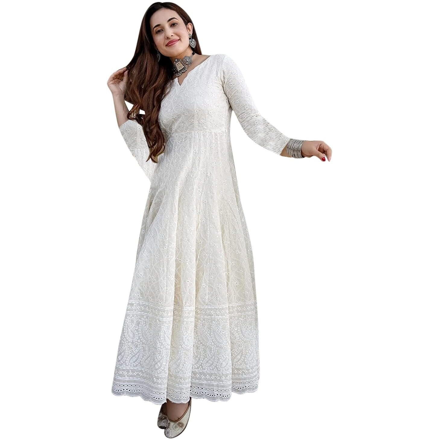 LookMark Women's & Girl's White Color Chikankari Long Kurti Gown(K1113-M)