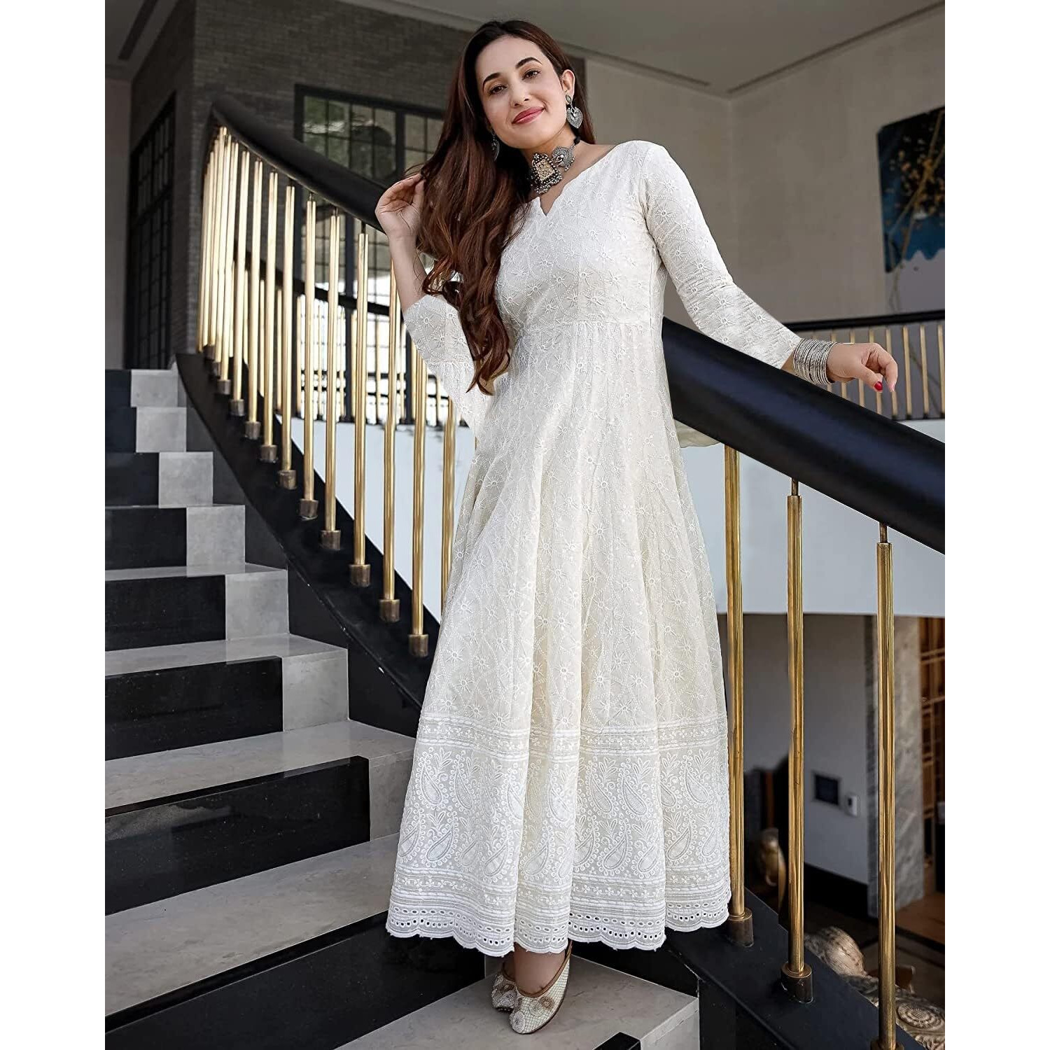 LookMark Women's & Girl's White Color Chikankari Long Kurti Gown(K1113-M)