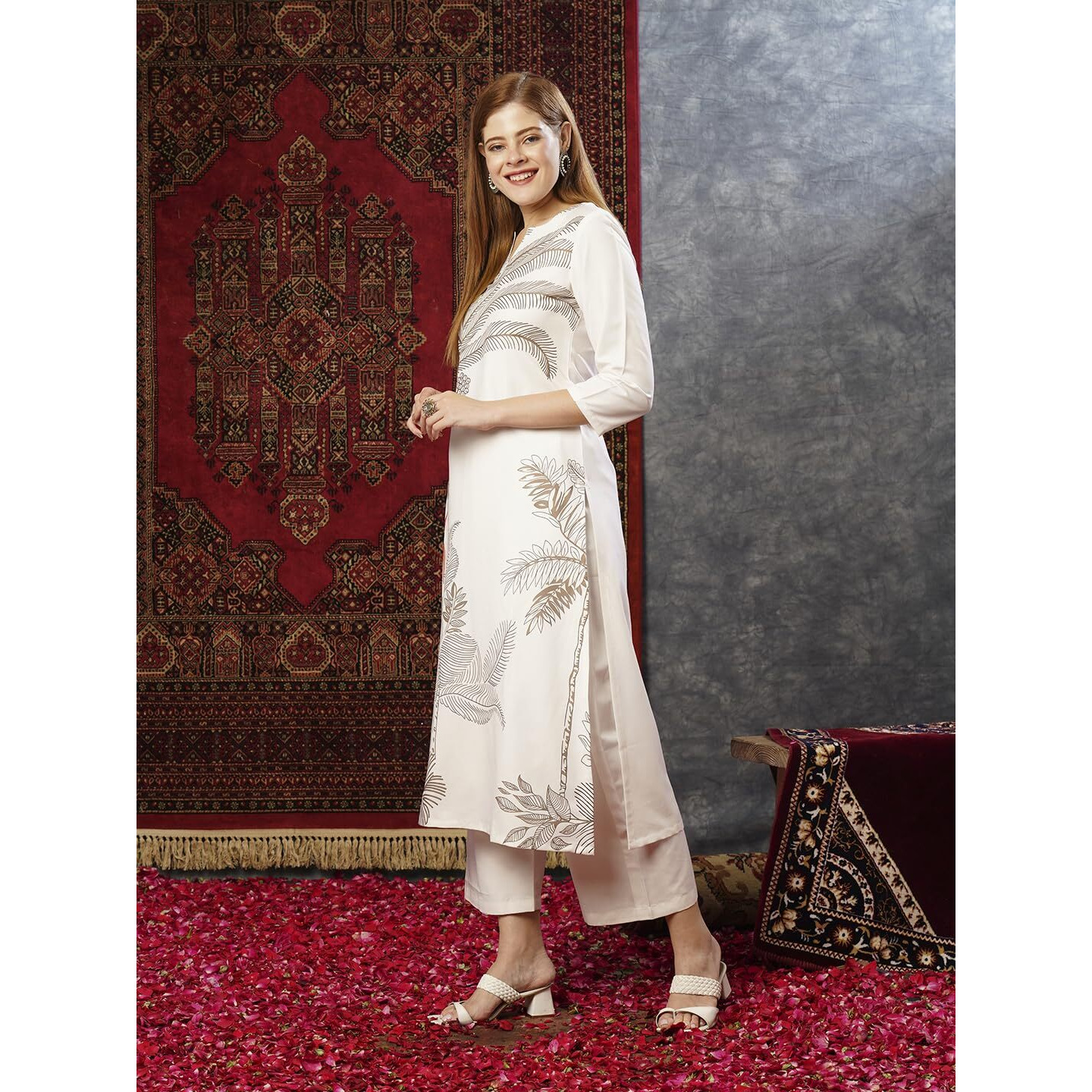 GoSriKi Women's Cotton Blend Straight Printed Kurta with Pant (Nenisha Cream-JL-GS_L_Cream_Large)