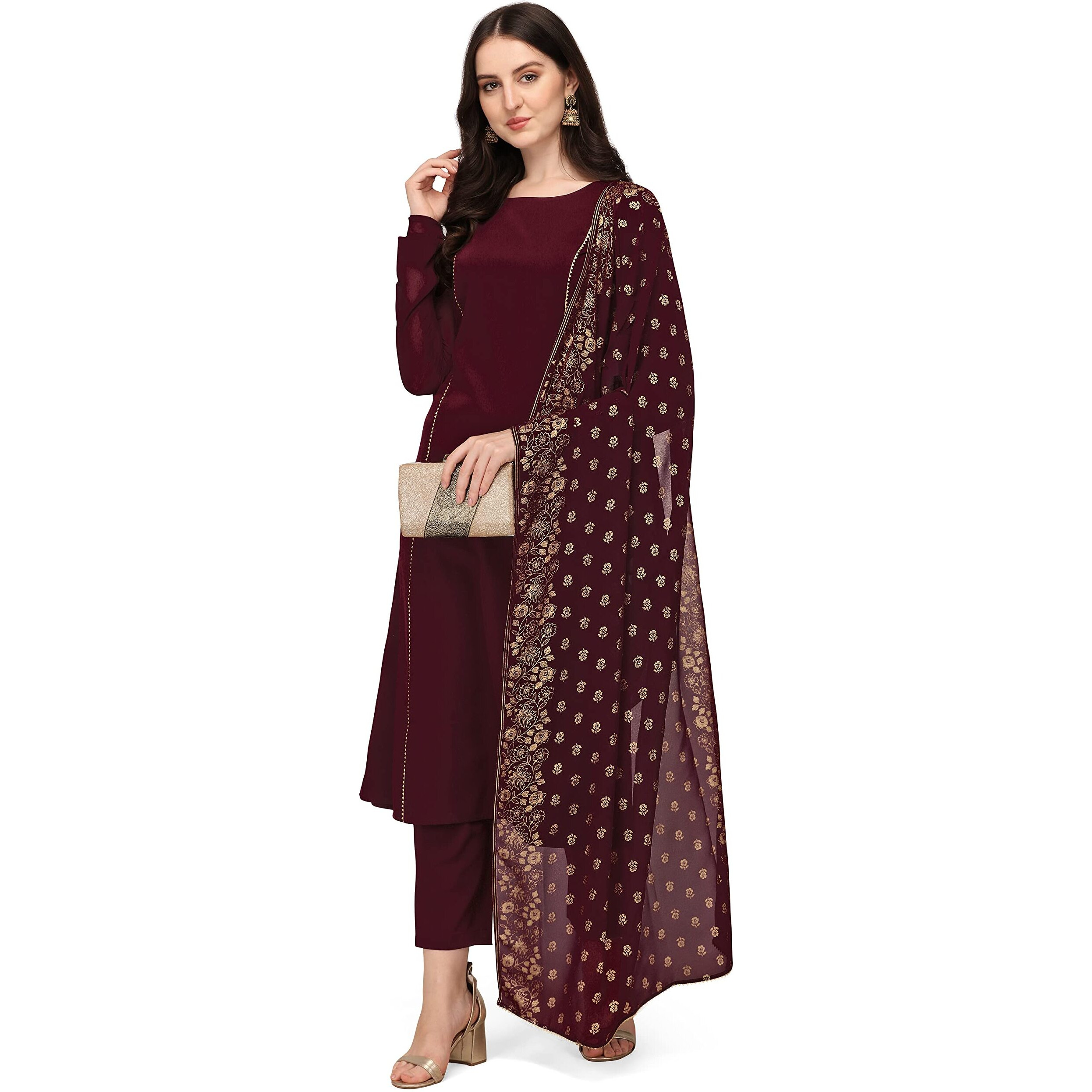 FIORRA Women's Maroon Poly Crepe Straight Kurta with Pant and Dupatta SET0058-S