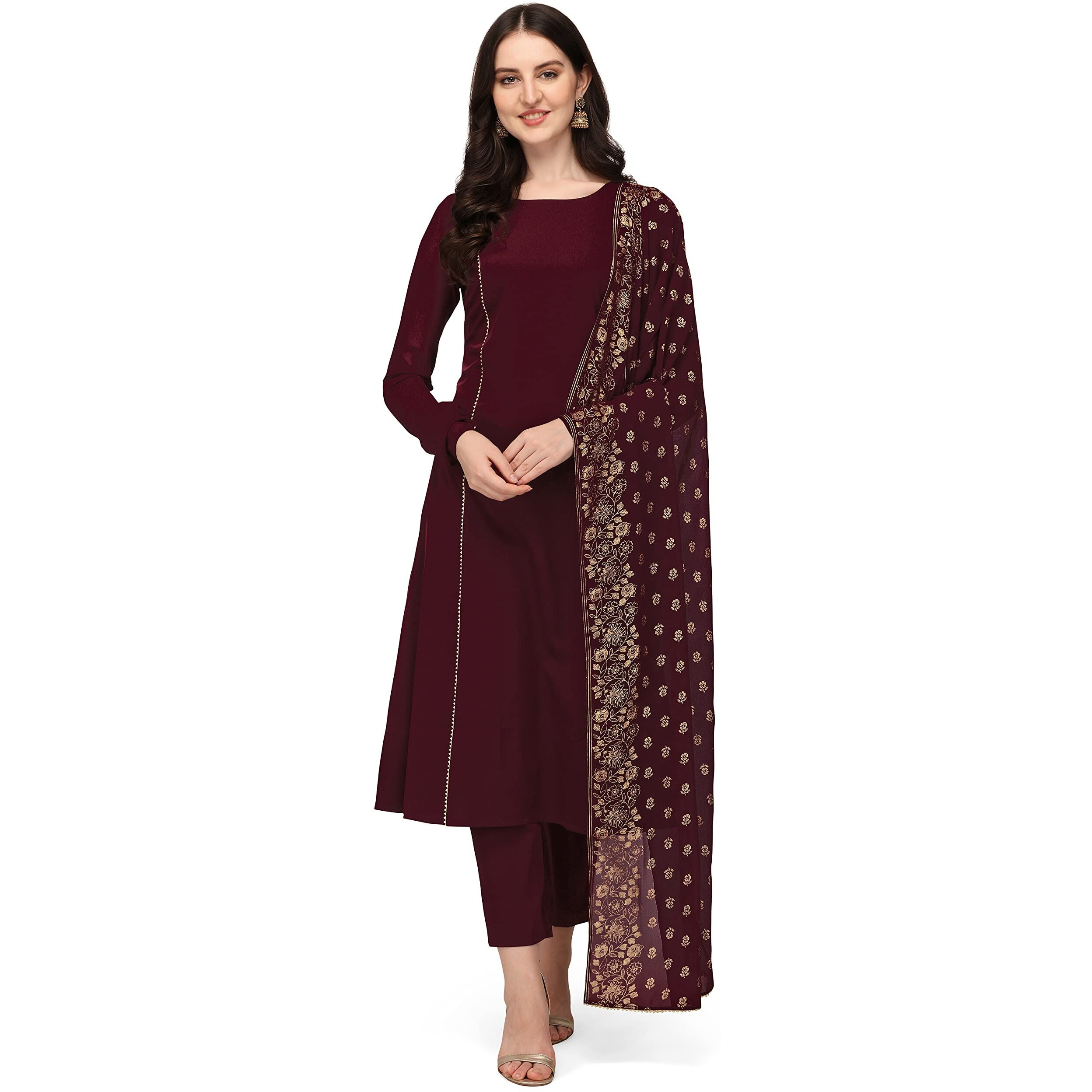 FIORRA Women's Maroon Poly Crepe Straight Kurta with Pant and Dupatta SET0058-S