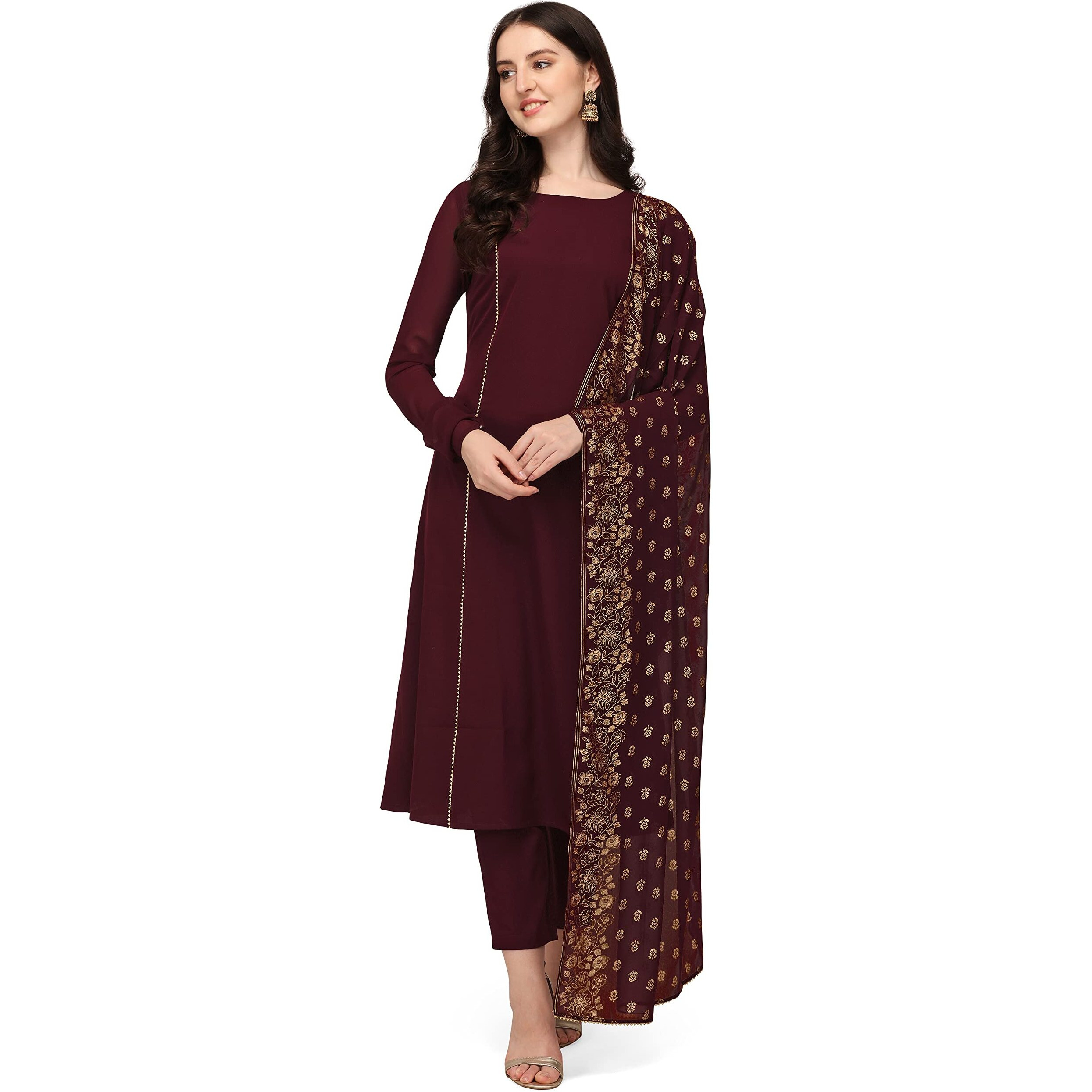 FIORRA Women's Maroon Poly Crepe Straight Kurta with Pant and Dupatta SET0058-S