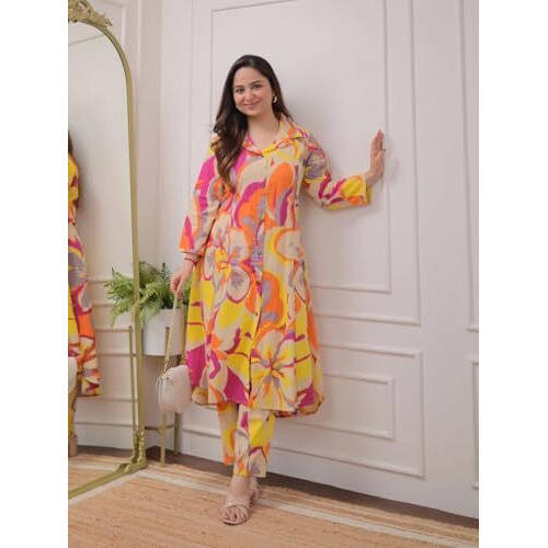 Leriya Fashion WOMEN PRINTED A-LINE CO-ORD KURTA SET FOR WOMEN (LF-W2093&TR1053-XL-MULTICOLOR)