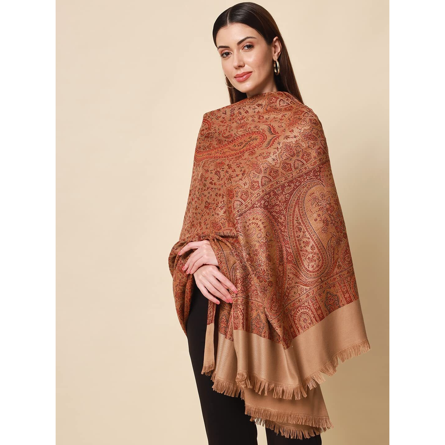 Pashmoda- Women's Faux Pashmina Jamawar Shawl, Wrap (SIZE 40X80 Inches) (Brown)