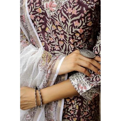 Yashika Women's Floral Regular Kurta Fashionably Traditional, Comfortably Chic Embrace Fashion with Our Cotton Blend Ethnic Sets (AZ-YS-OG-KS2136-Parent_Wine_S)