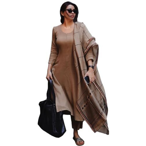 ANNI DESIGNER Women's Rayon Blend Straight Solid Kurta with Pant & Dupatta (Raja Saab Beige-VKS01_XL_Beige_X-Large)