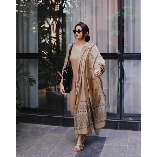 ANNI DESIGNER Women's Rayon Blend Straight Solid Kurta with Pant & Dupatta (Raja Saab Beige-VKS01_XL_Beige_X-Large)