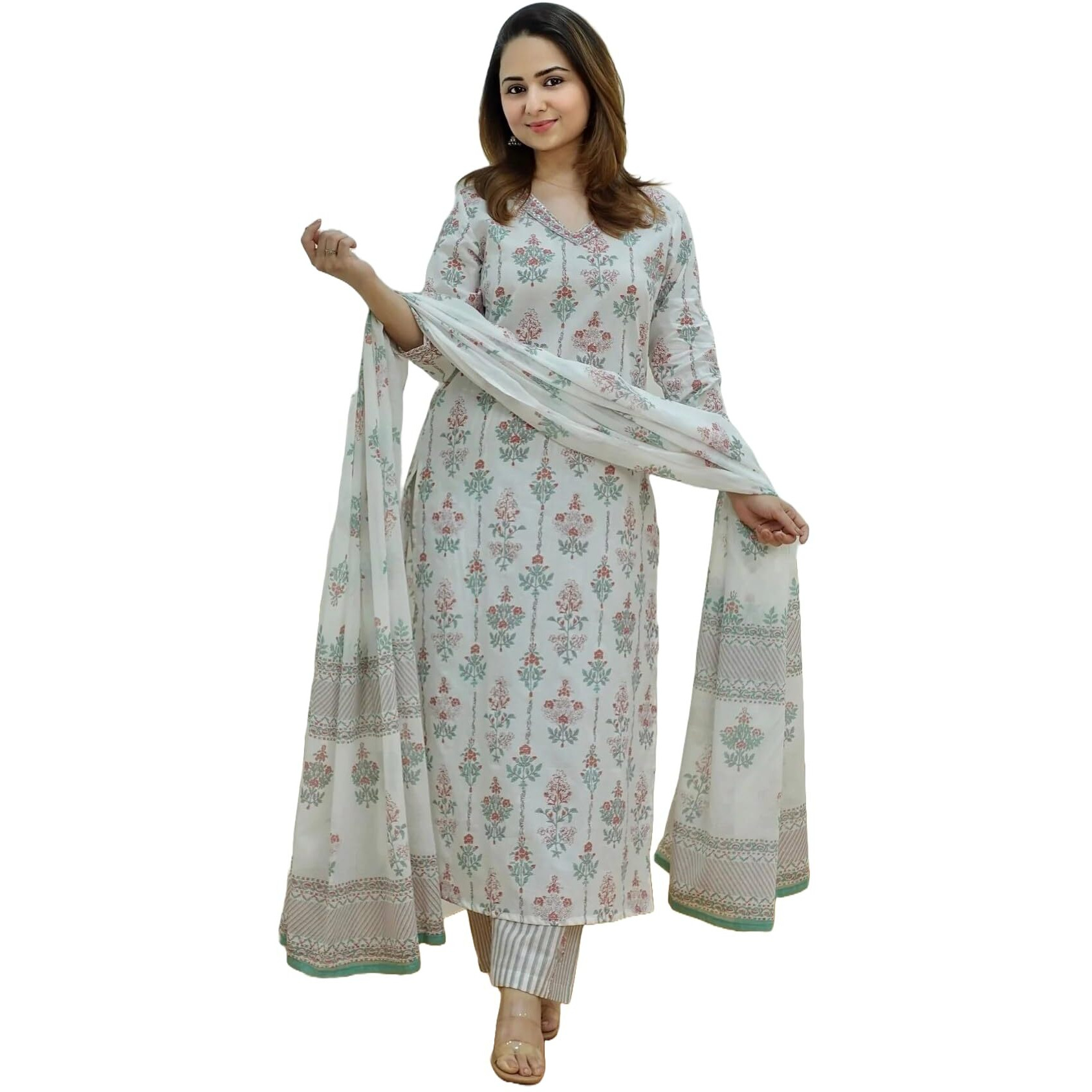 KLOSIA Women Printed Kurta and Pant Set with Dupatta (IN, Alpha, L, White)