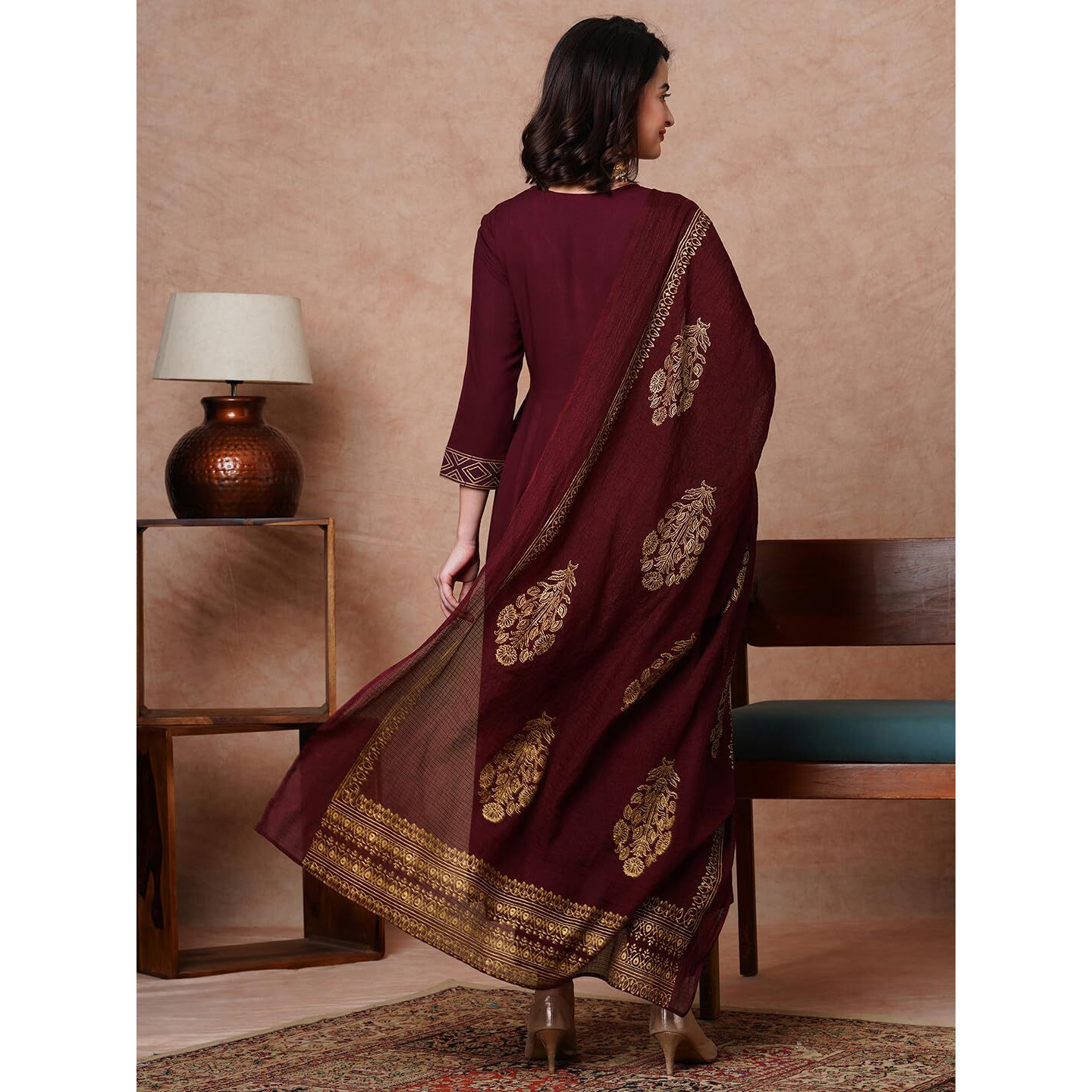 GoSriKi Women's Rayon Blend Solid Anarkali Kurta with Pant & Dupatta (Magic-Wine-NDM-GS_M_Wine_Medium)