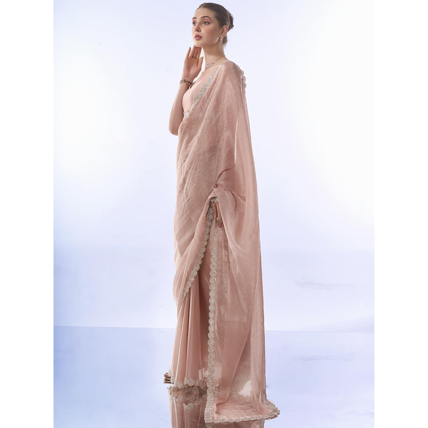 ORHANS Women's Chiffon All Over Fix Diamond & Lace Work Saree With Art Silk Matching Unstitched Blouse Piece