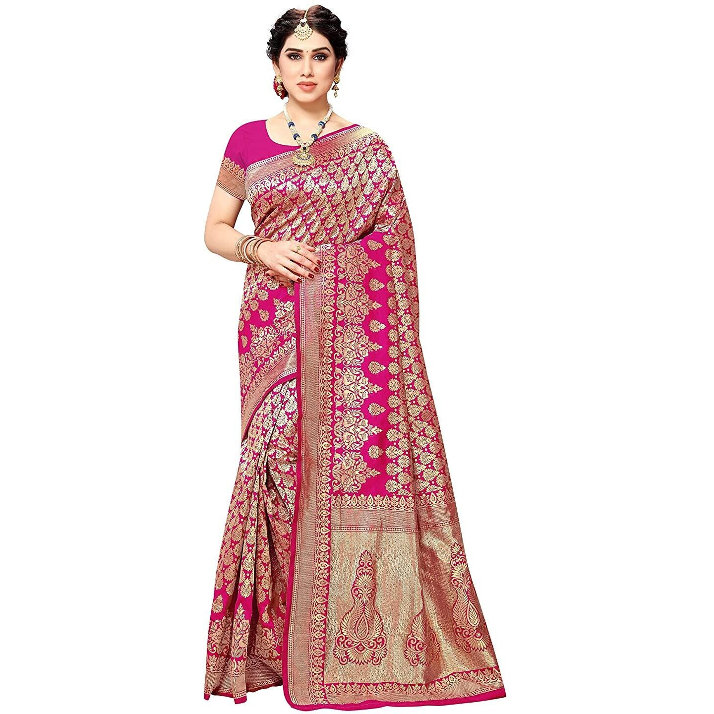Yashika Women's Trendy Banarasi Kanjivaram Pink Color Art Silk Saree with Blouse Material (MALIYA PINK)
