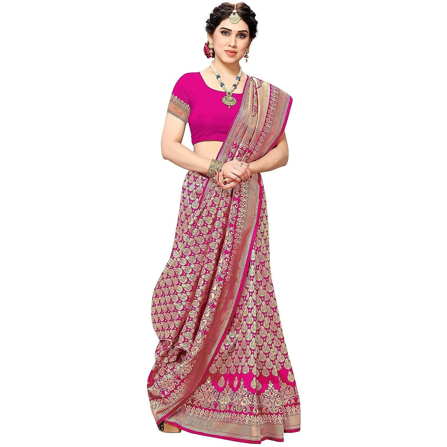 Yashika Women's Trendy Banarasi Kanjivaram Pink Color Art Silk Saree with Blouse Material (MALIYA PINK)