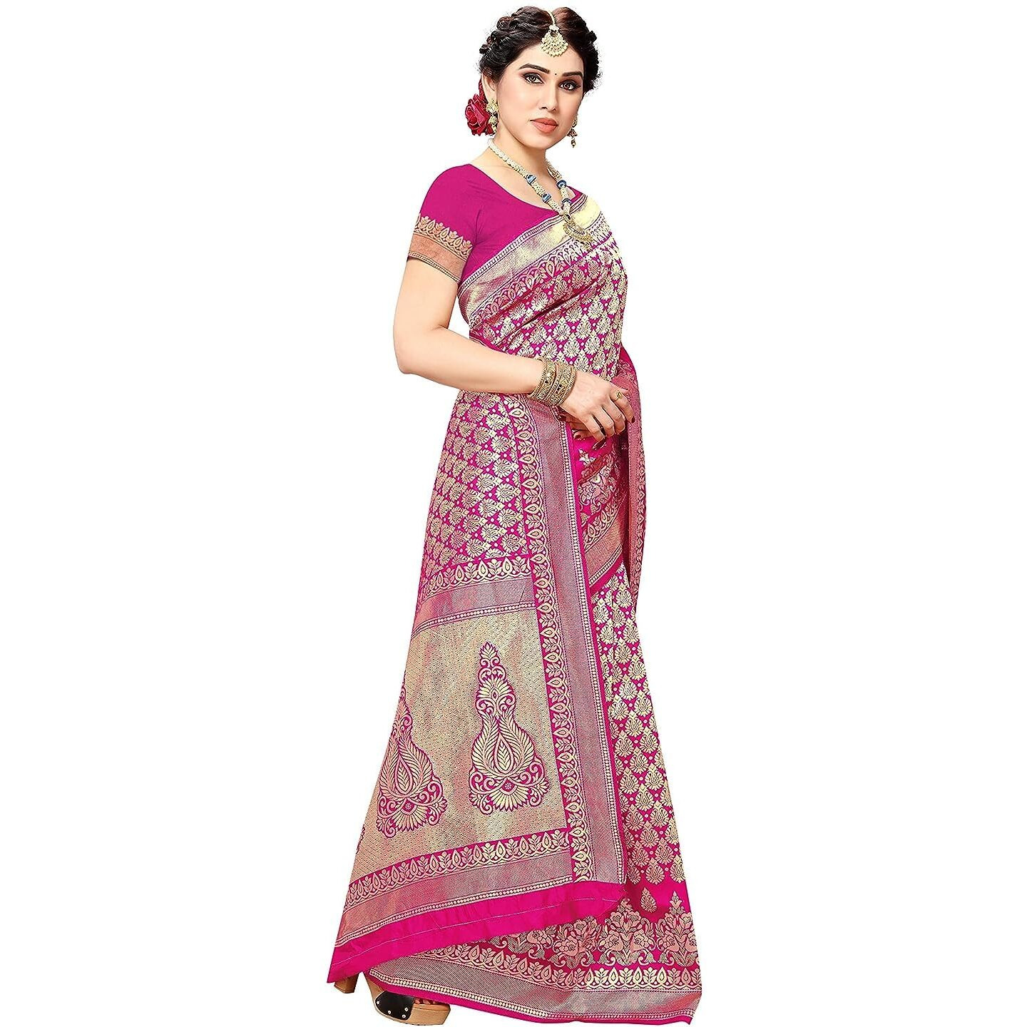 Yashika Women's Trendy Banarasi Kanjivaram Pink Color Art Silk Saree with Blouse Material (MALIYA PINK)
