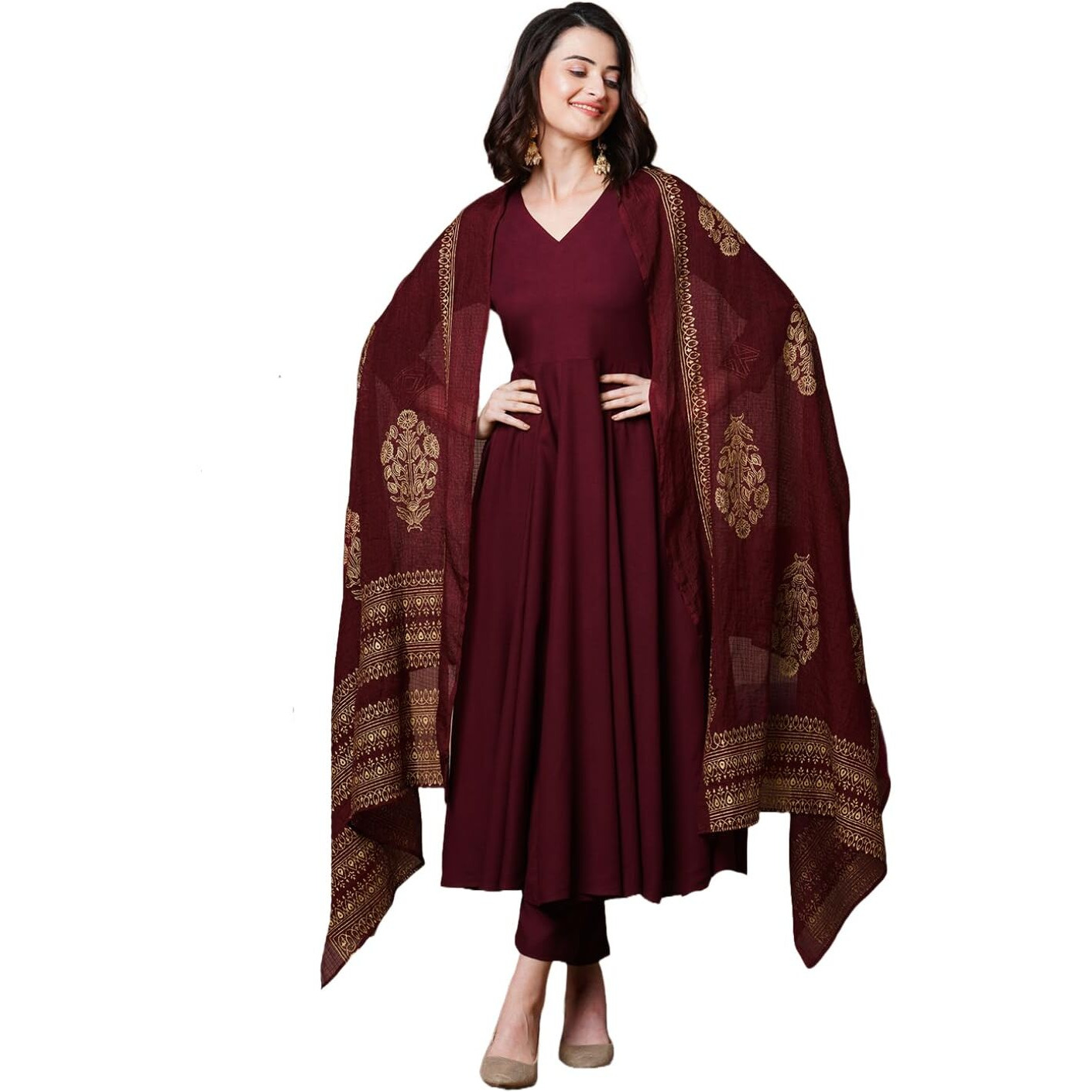 GoSriKi Women's Rayon Blend Solid Anarkali Kurta with Pant & Dupatta (Magic-Wine-NDM-GS_L_Wine_Large)
