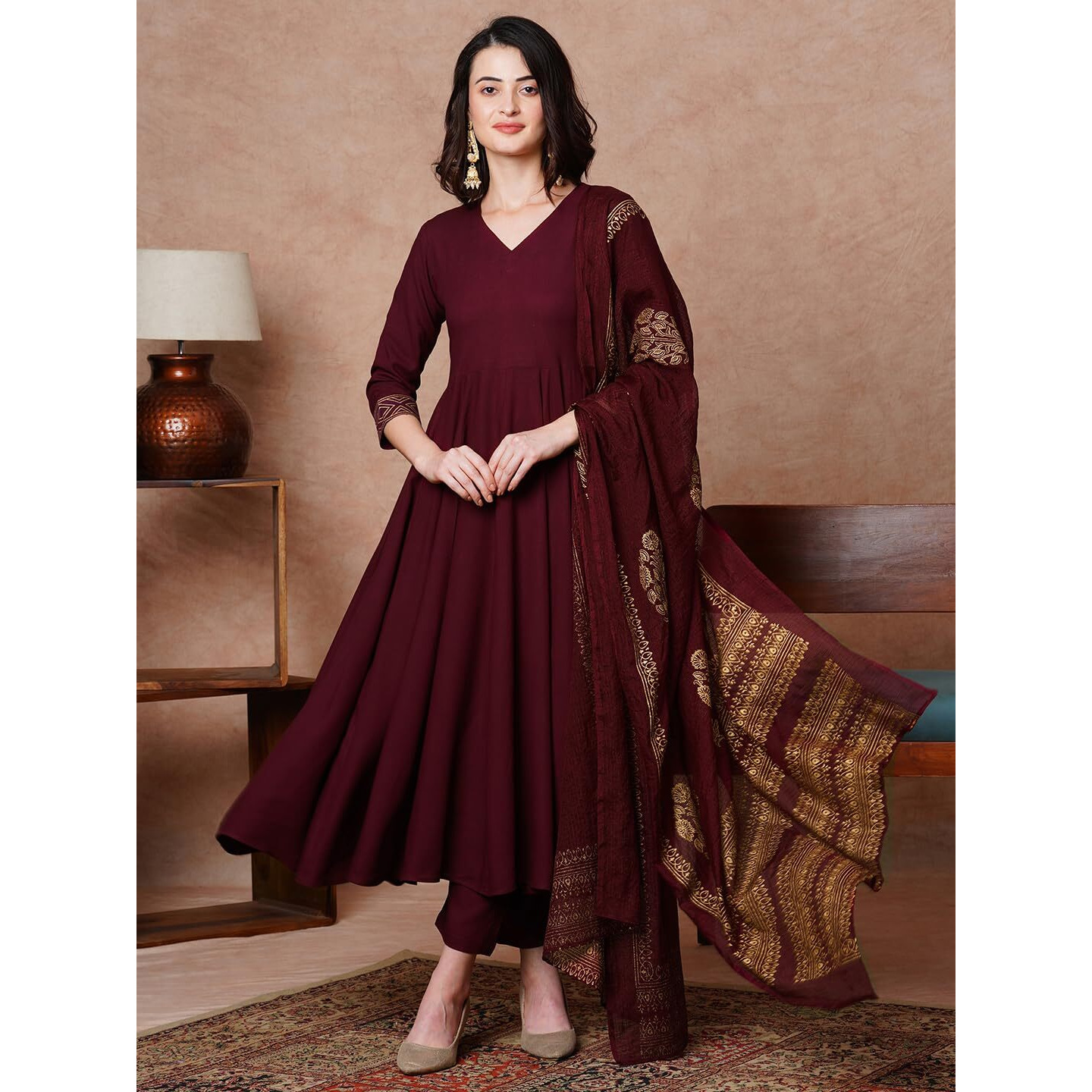 GoSriKi Women's Rayon Blend Solid Anarkali Kurta with Pant & Dupatta (Magic-Wine-NDM-GS_L_Wine_Large)