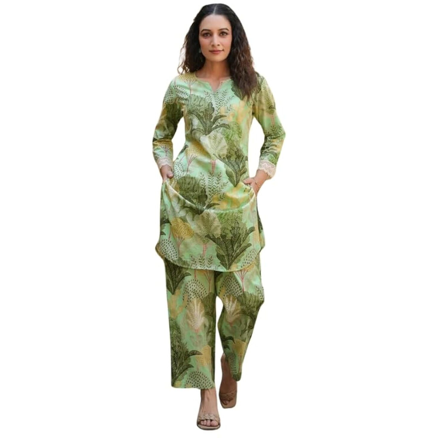 NAINVISH Women's Green Printed Straight Cotton Blend V-Neck Co-ord Set (SD682_KB-XXL)