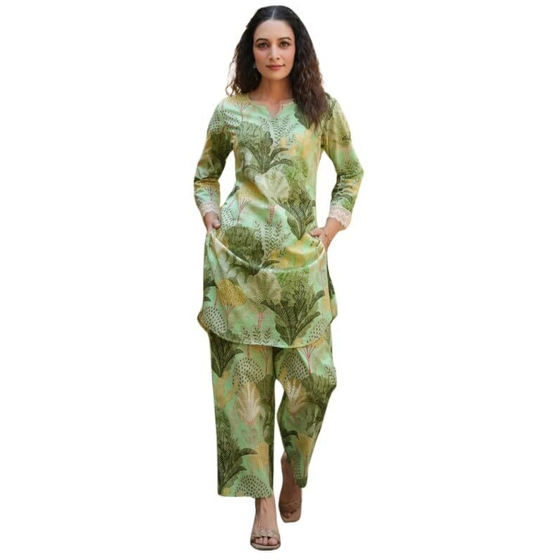 NAINVISH Women's Green Printed Straight Cotton Blend V-Neck Co-ord Set (SD682_KB-XXL)