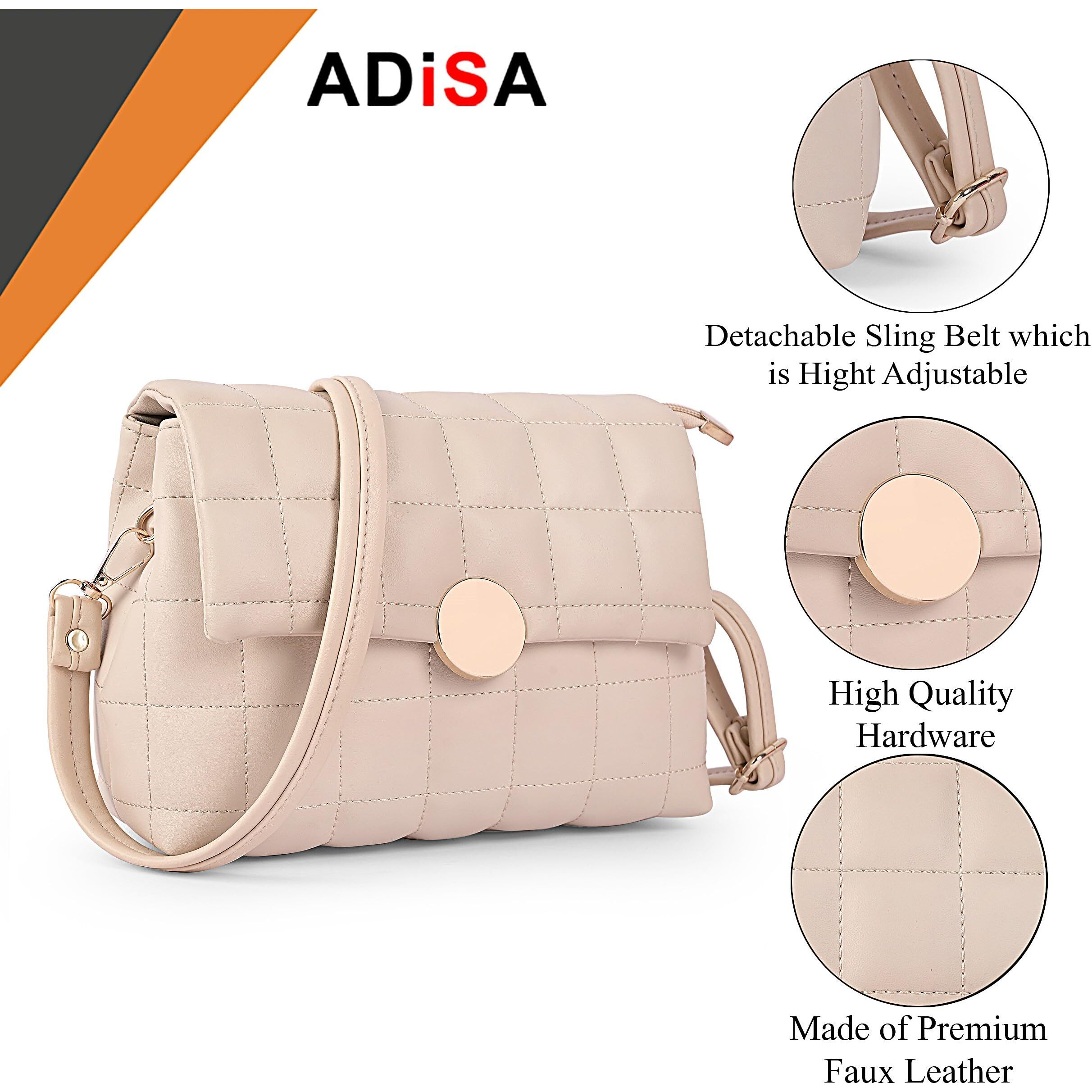 ADISA Women's Girls Quilted Cross Body Sling Bag with Height Adjustable Belt (SL5144_Off White)