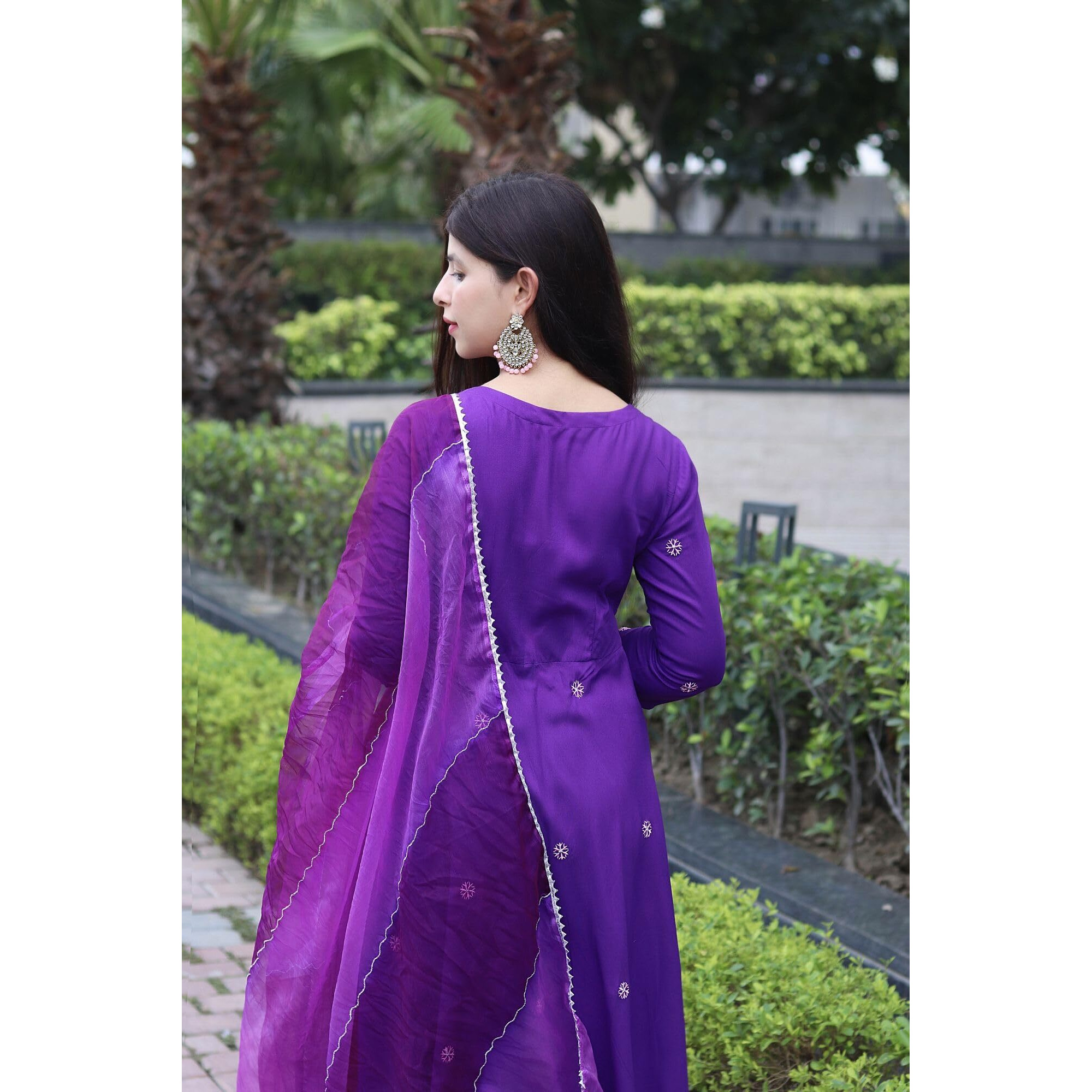 GoSriKi Women's Cotton Blend Anarkali Embroidered Kurta with Pant & Dupatta (GSK-Purple-GS_XL_Purple_X-Large)