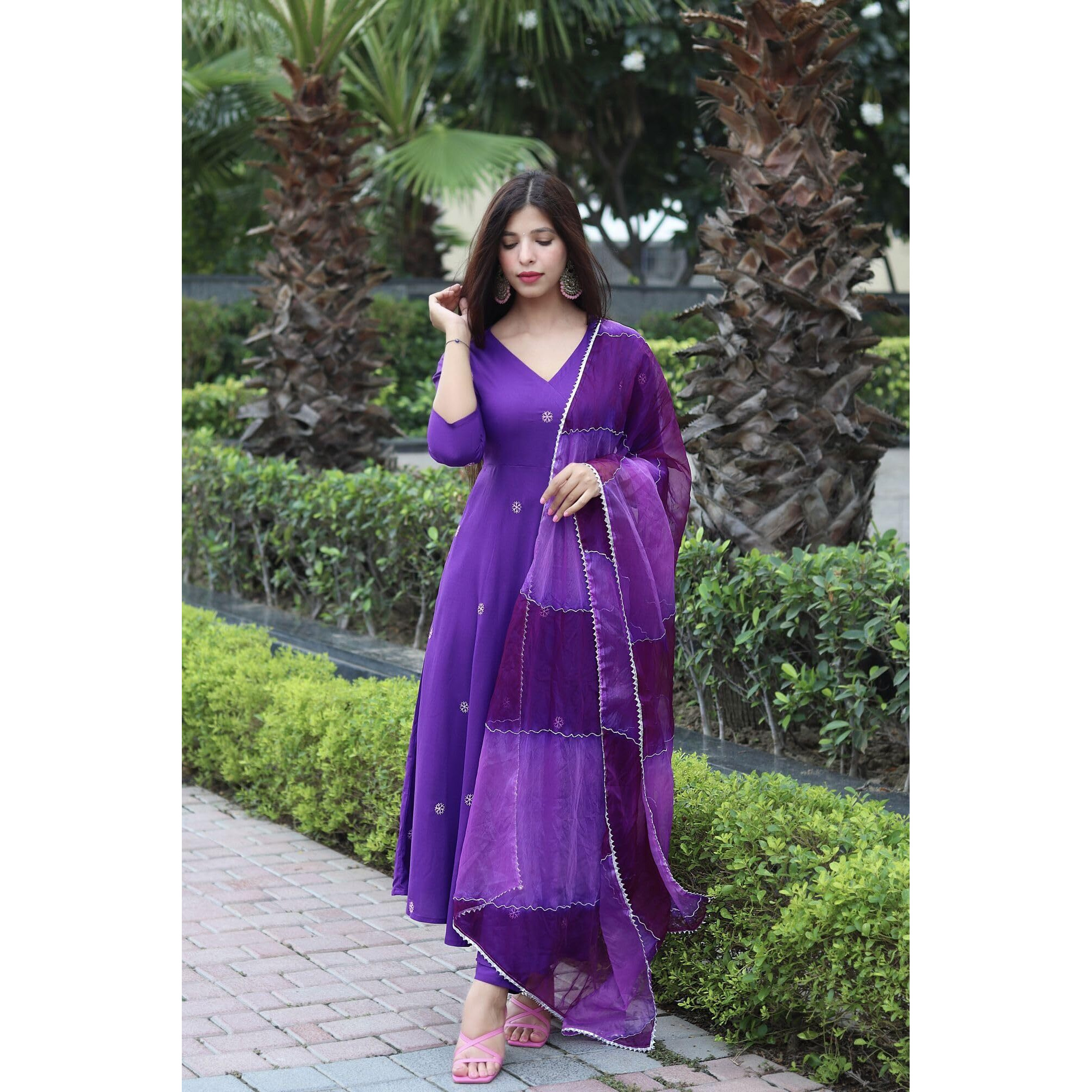 GoSriKi Women's Cotton Blend Anarkali Embroidered Kurta with Pant & Dupatta (GSK-Purple-GS_XL_Purple_X-Large)