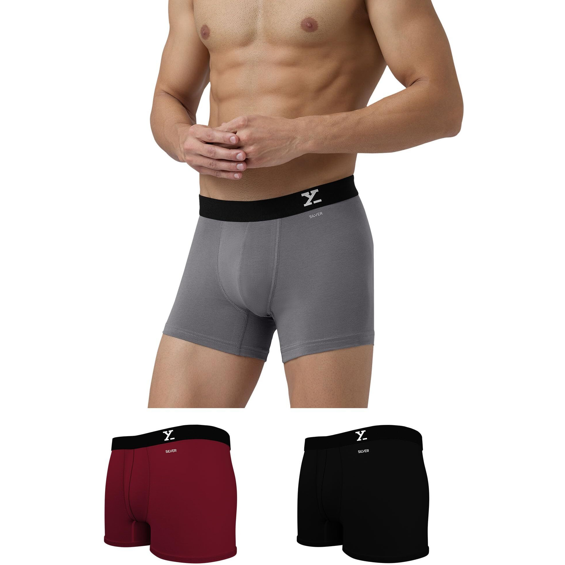 XYXX Cotton Relaxed Solid (Pack of 3) (Aero Trunks for Men Combo_Black+Dark Maroon+Frost Grey_M)