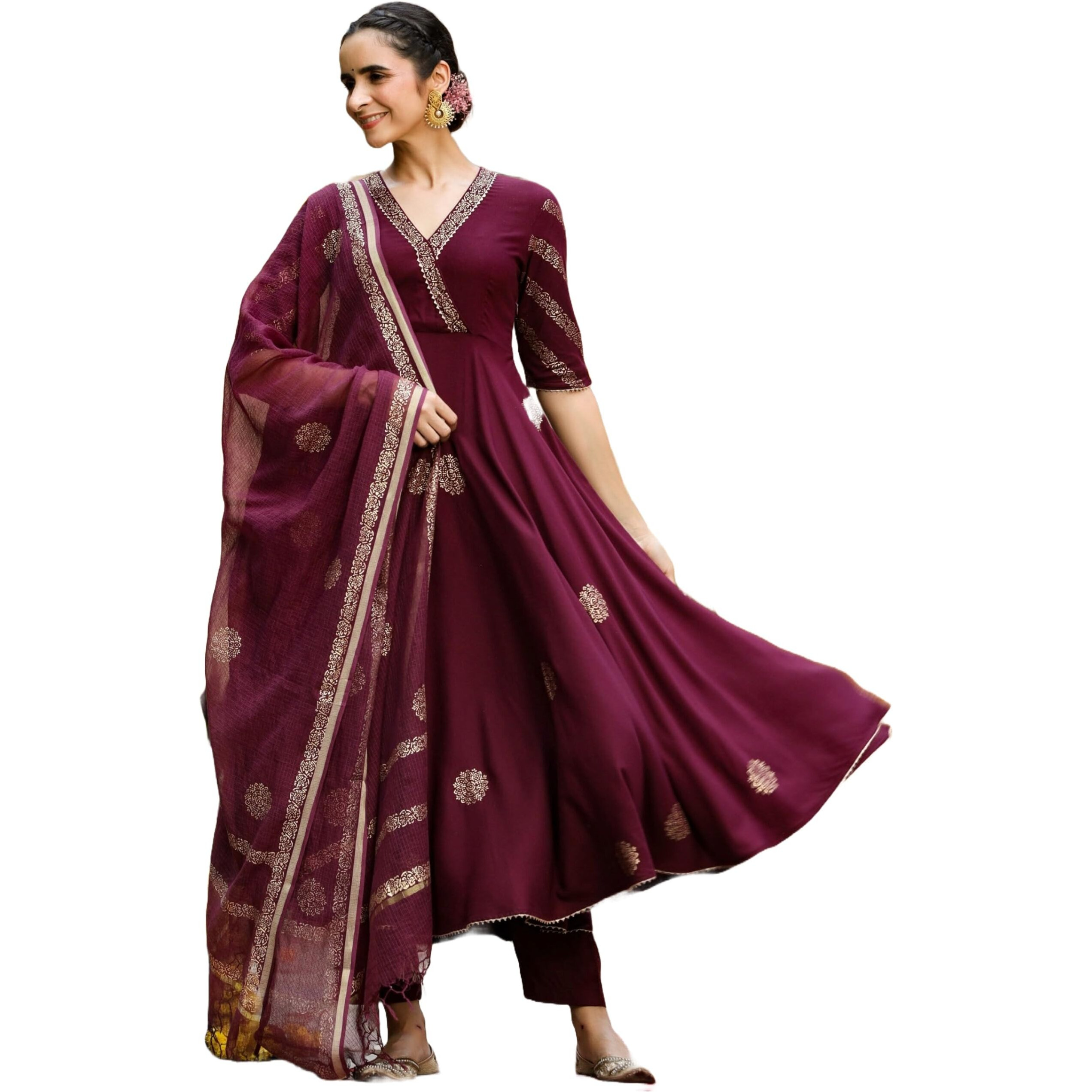 GoSriKi Women's Cotton Blend Printed Anarkali Kurta with Pant & Dupatta (Berlin Wine-GS_5XL_Wine_XXXXX-Large)