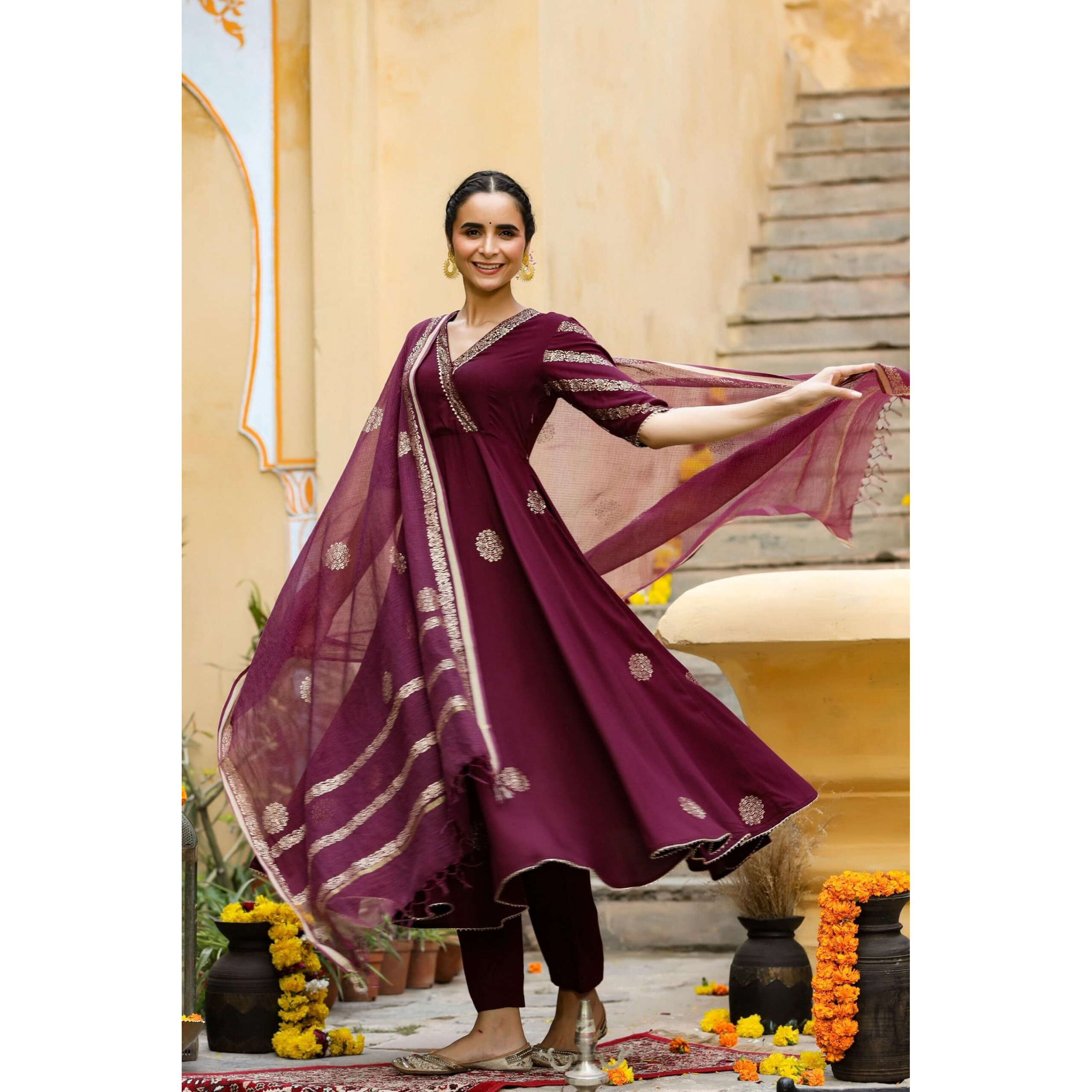 GoSriKi Women's Cotton Blend Printed Anarkali Kurta with Pant & Dupatta (Berlin Wine-GS_5XL_Wine_XXXXX-Large)