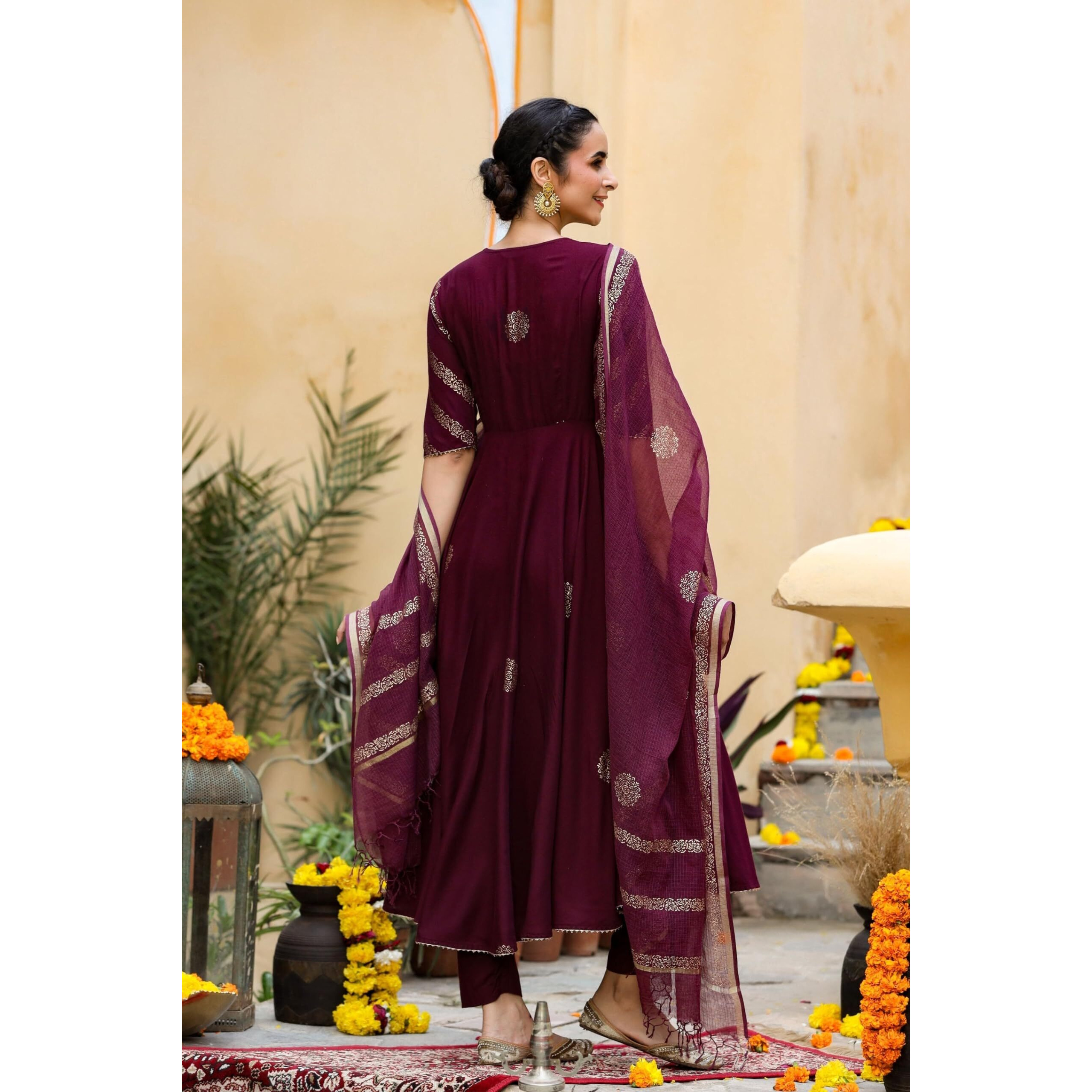 GoSriKi Women's Cotton Blend Printed Anarkali Kurta with Pant & Dupatta (Berlin Wine-GS_3XL_Wine_XXX-Large)