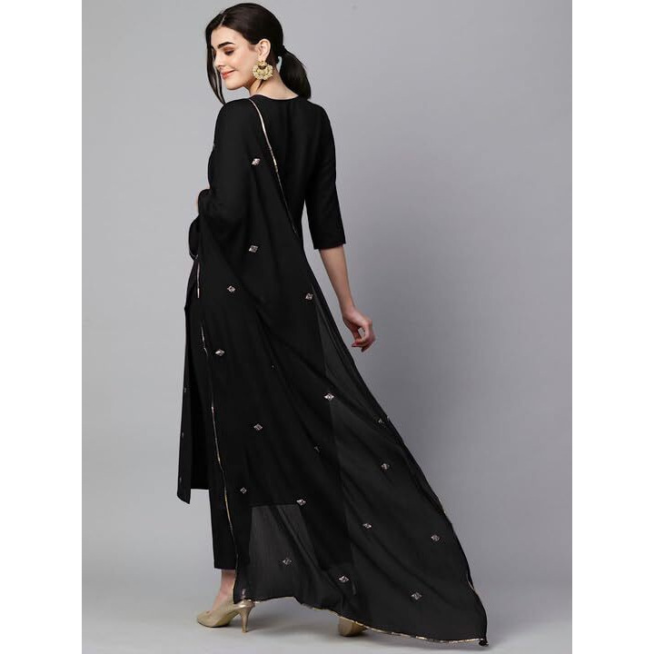 GoSriKi Women's Cotton Blend Embroidered Straight Kurta with Pant & Dupatta (KASTURI Black-APL-GS_XL_Black_X-Large)