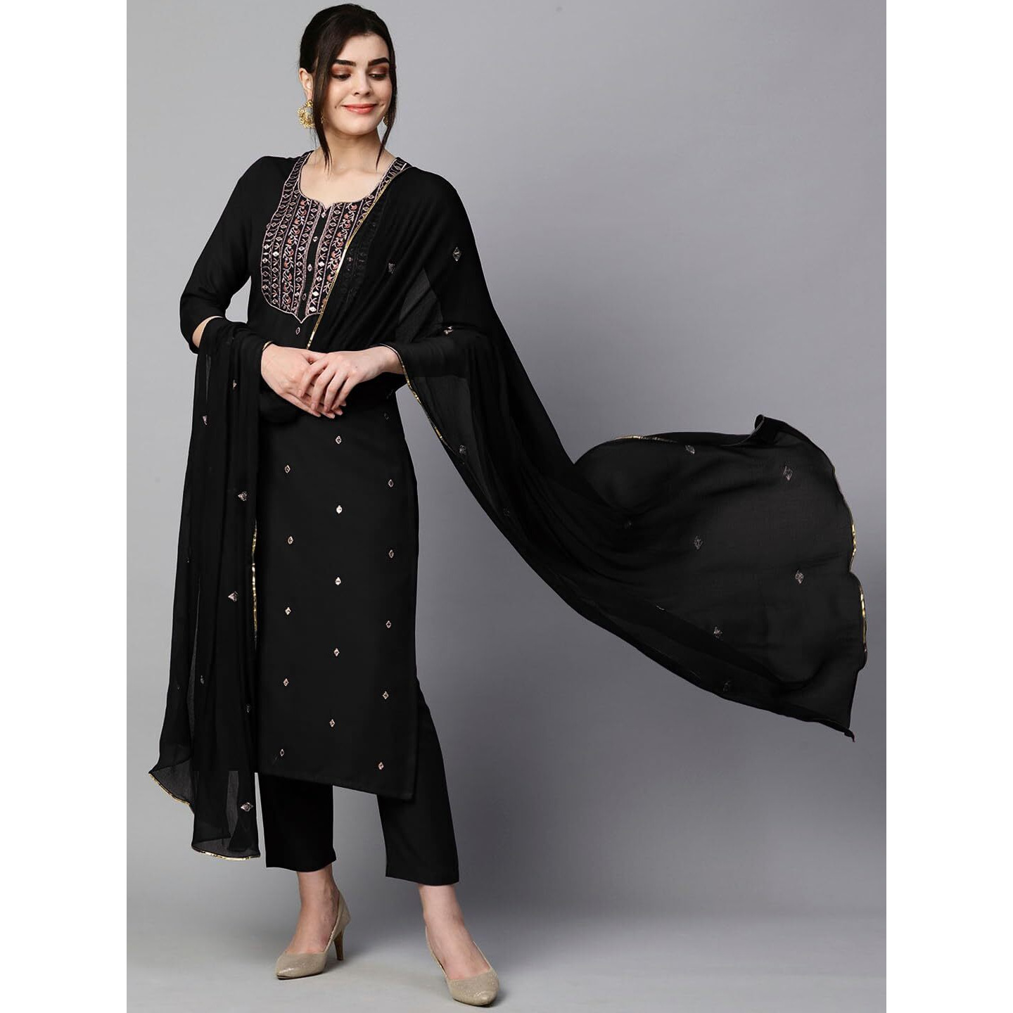 GoSriKi Women's Cotton Blend Embroidered Straight Kurta with Pant & Dupatta (KASTURI Black-APL-GS_XL_Black_X-Large)