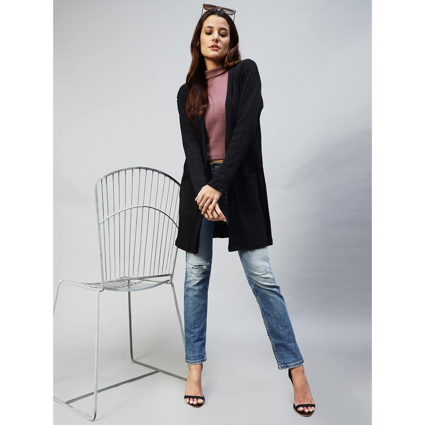 Rigo Front Open Long Rib Shrug (Free Size, Black)