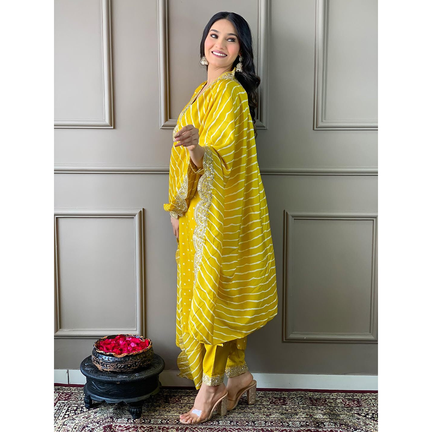 Naixa Women's Yellow Silk with Inner Embroidered Straight Kurta with Rayon Pant and Silk Blend Printed Dupatta Sets (NX-470-Yellow-M)