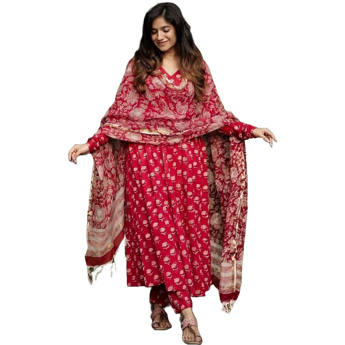 KLOSIA Women Printed Anarkali Kurta and Pant Set with Dupatta | Anarkali Kurta Set for Women | (in, Alpha, S, Red)