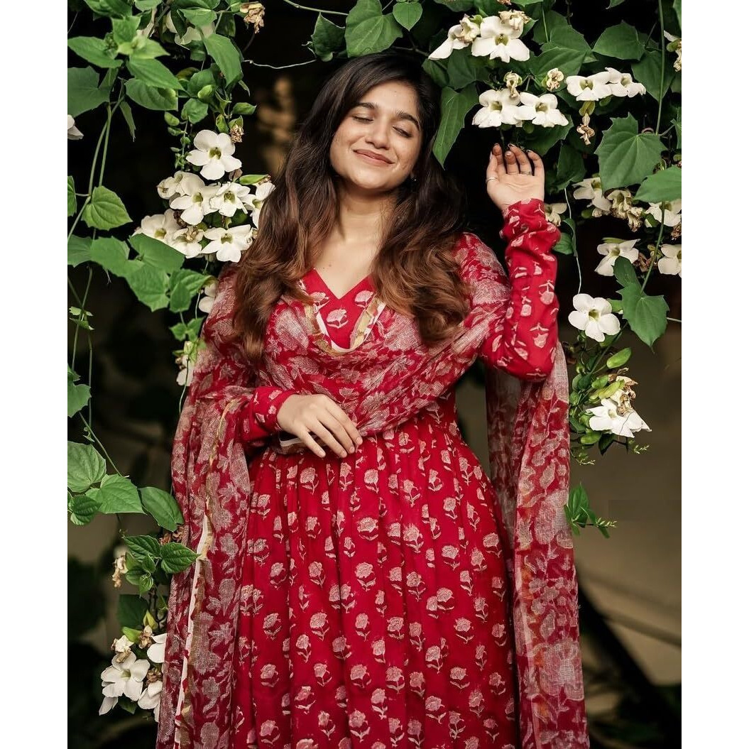 KLOSIA Women Printed Anarkali Kurta and Pant Set with Dupatta | Anarkali Kurta Set for Women | (in, Alpha, S, Red)