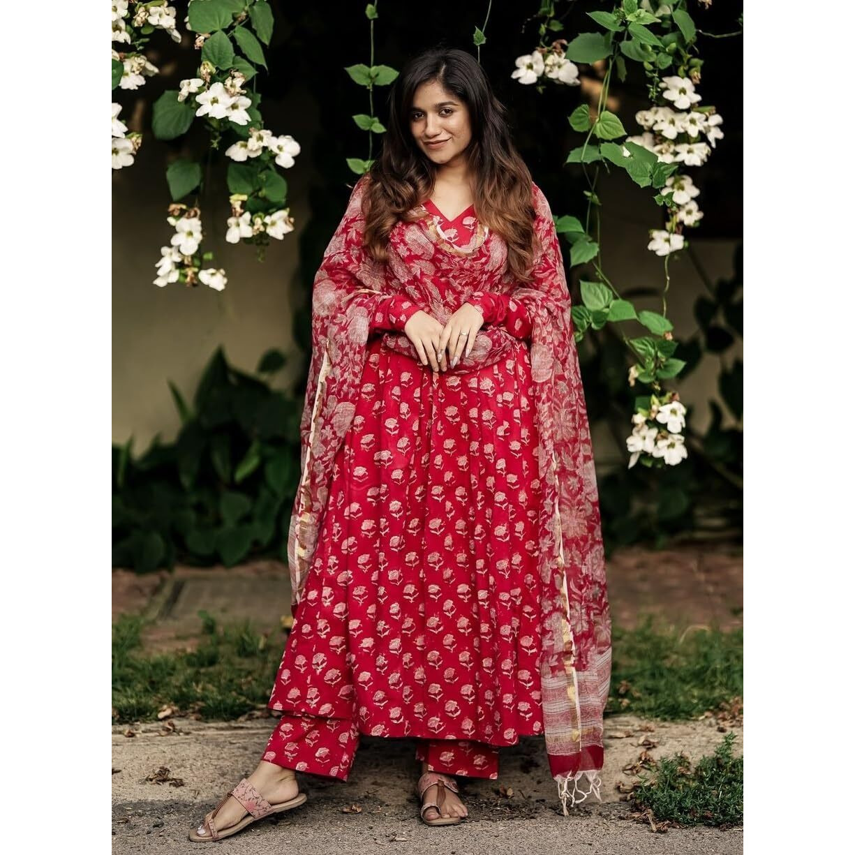 KLOSIA Women Printed Anarkali Kurta and Pant Set with Dupatta | Anarkali Kurta Set for Women | (in, Alpha, S, Red)