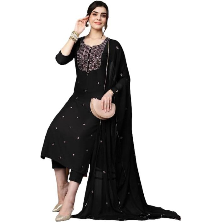 GoSriKi Women's Cotton Blend Embroidered Straight Kurta with Pant & Dupatta (KASTURI Black-APL-GS_M_Black_Medium)