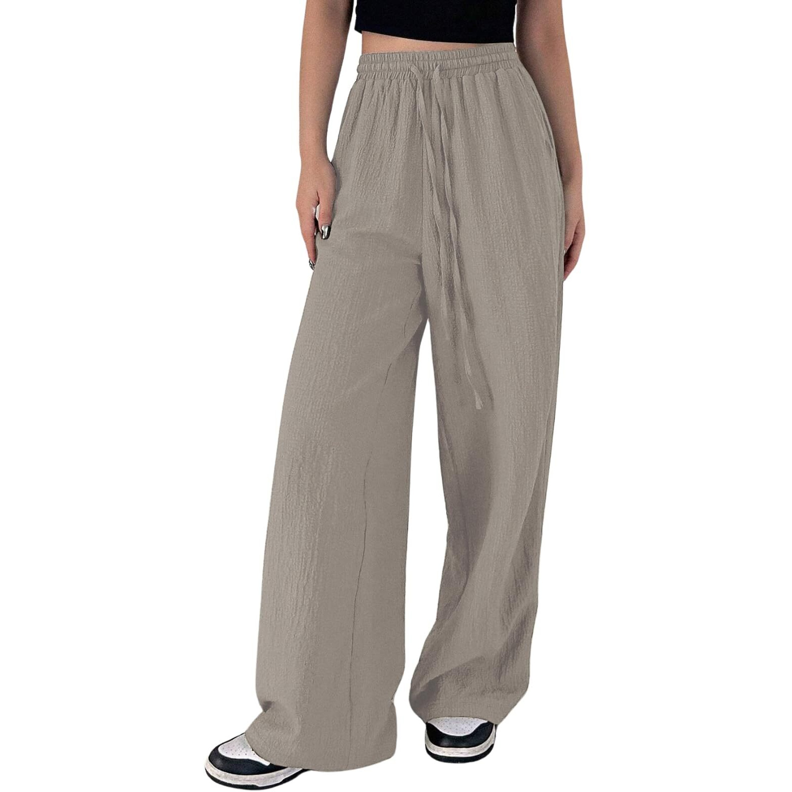 GRECIILOOKS Textured Trousers for Women Oversized Wide Leg Trousers (GL-TR1028-S-BEIGE)