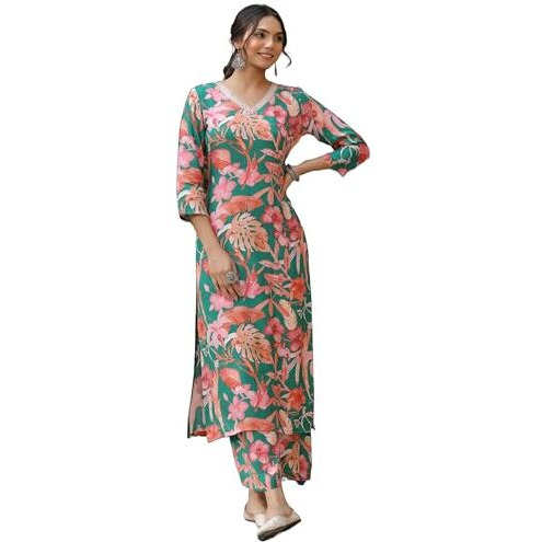ANNI DESIGNER Women's Cotton Blend Straight Printed Kurta with Palazzo (Chinki Green_L_Green_Large)