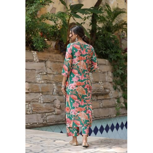 ANNI DESIGNER Women's Cotton Blend Straight Printed Kurta with Palazzo (Chinki Green_L_Green_Large)