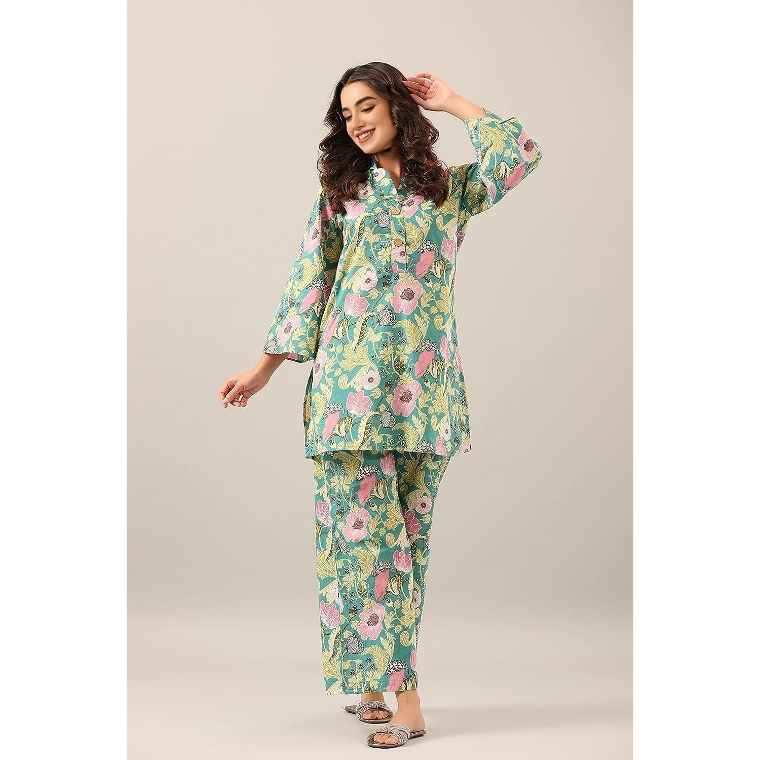 Yashika Women's Trendy Printed Cotton Blend Straight Light Green Color Kurta and Palazzo Set(YS-KS2075-XL)