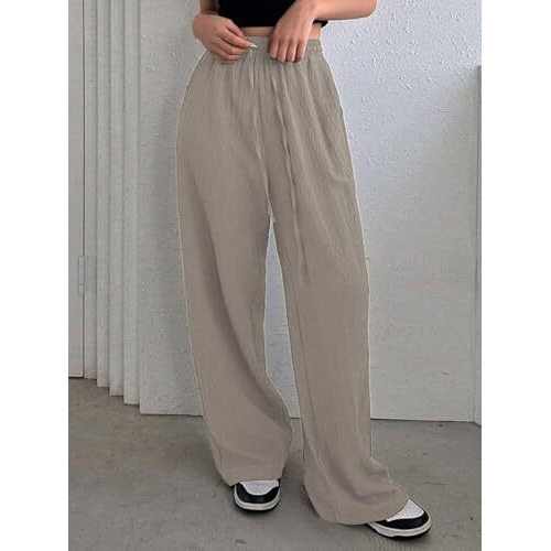 GRECIILOOKS Textured Trousers for Women Oversized Wide Leg Trousers (GL-TR1028-M-BEIGE)