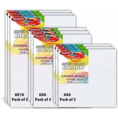 Variety Canvas Cotton Canvas Board Medium Grain 8 X 10, 6X8, 6X6 Combo Pack of 9, White Color