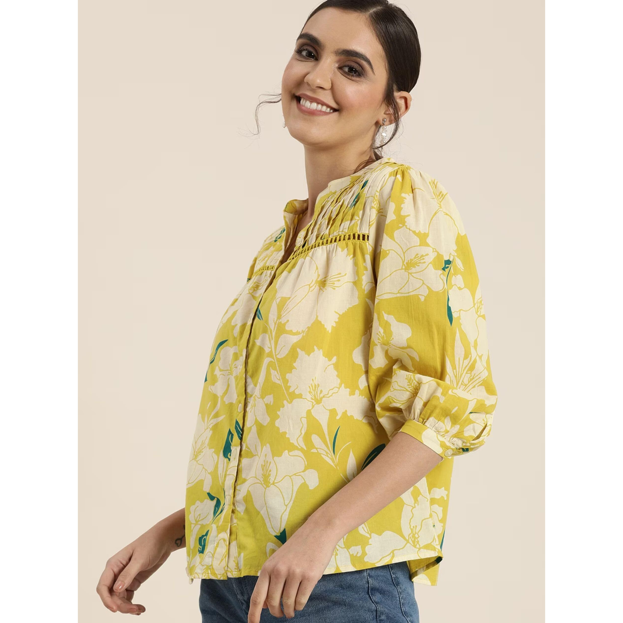 rytras Women's Cotton Printed Regular Fit top(Yellow,L)