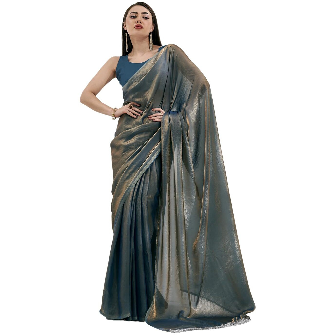ORHANS Women's Organza Latkan Lace Work Orange Saree With Art Silk Matching Unstitched Blouse Piece