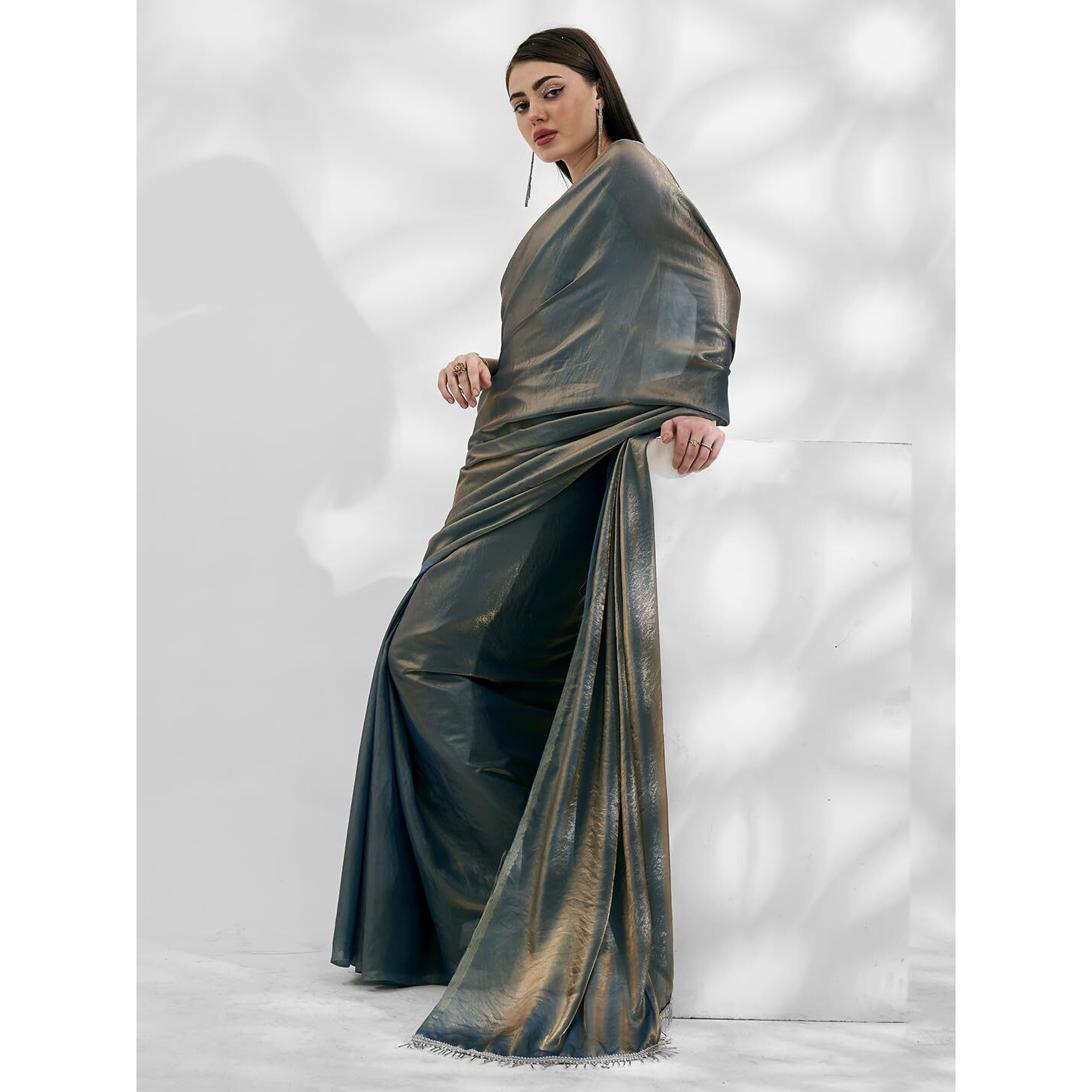 ORHANS Women's Organza Latkan Lace Work Orange Saree With Art Silk Matching Unstitched Blouse Piece
