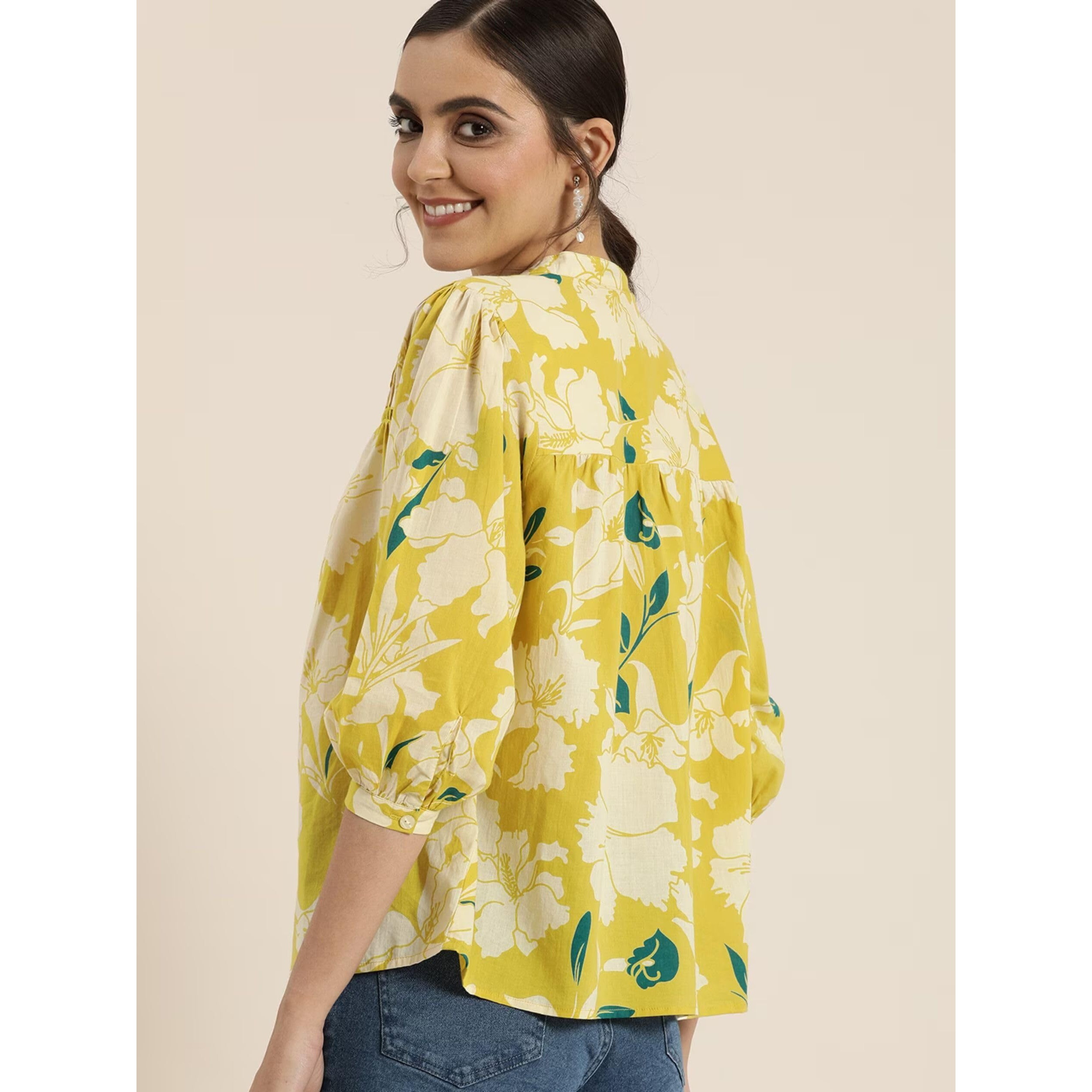 rytras Women's Cotton Printed Regular Fit top(Yellow,M)